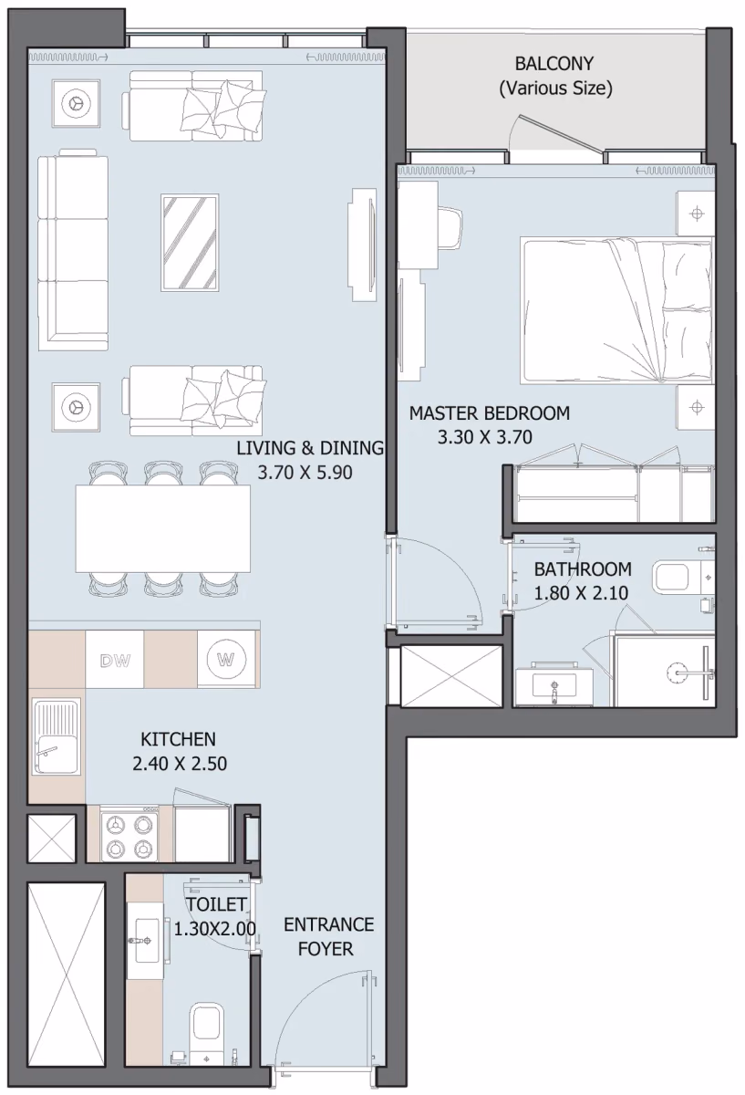 תוכנית חדר שינה אחד · 1B Type B ב־נדל"ן להשקעה Reportage Verdana 10 Residences, באזור Investment Park, דובאי