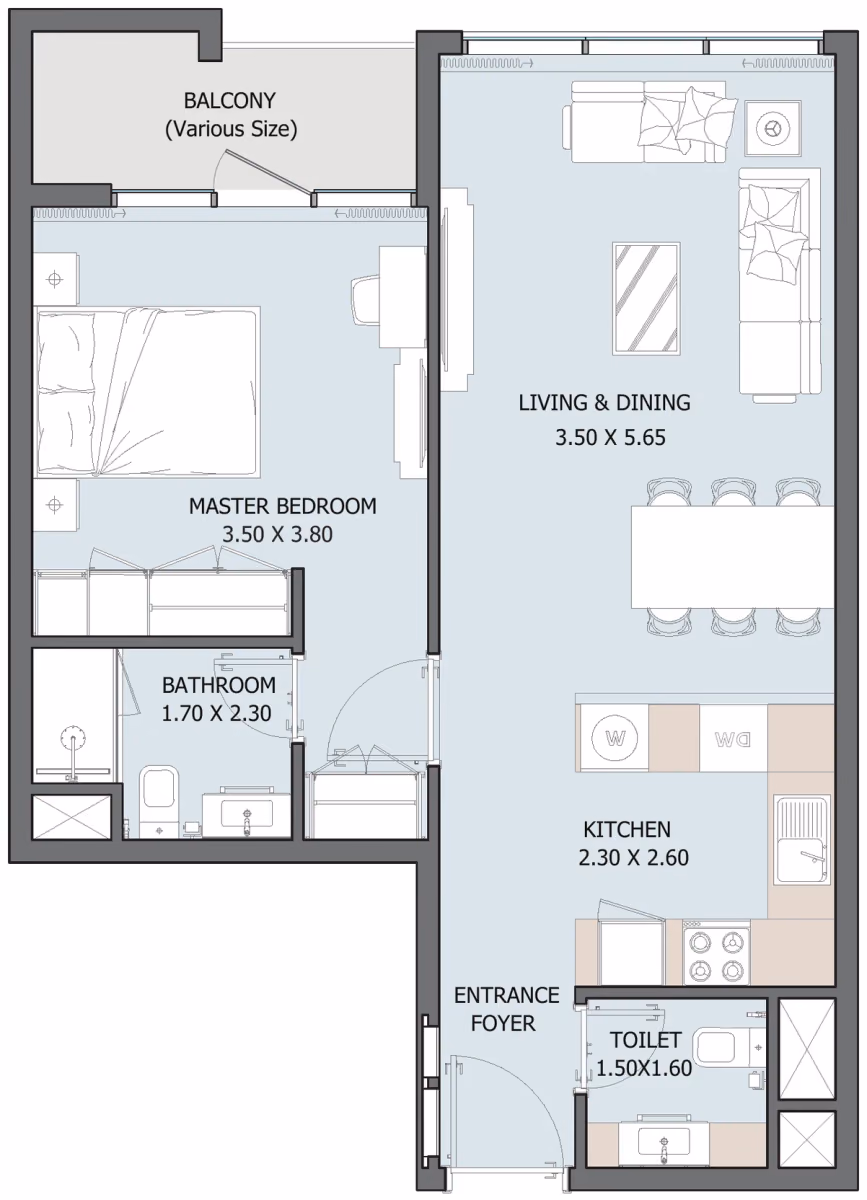 תוכנית חדר שינה אחד · 1B Type C ב־נדל"ן להשקעה Reportage Verdana 10 Residences, באזור Investment Park, דובאי