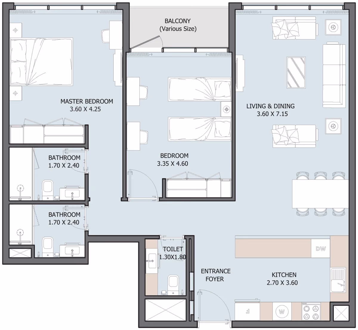 תוכנית 2 חדרי שינה · 2B Type A ב־נדל"ן להשקעה Reportage Verdana 10 Residences, באזור Investment Park, דובאי