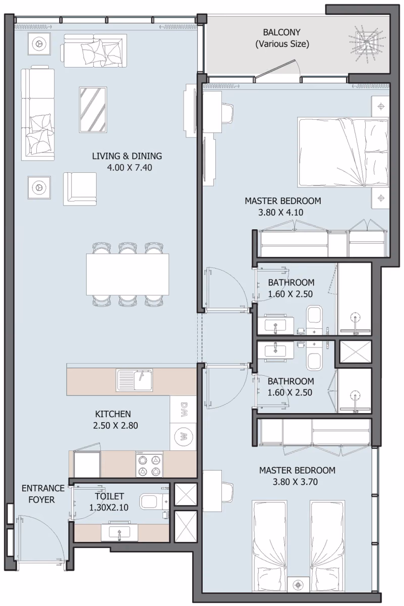 תוכנית 2 חדרי שינה · 2B Type B ב־נדל"ן להשקעה Reportage Verdana 10 Residences, באזור Investment Park, דובאי