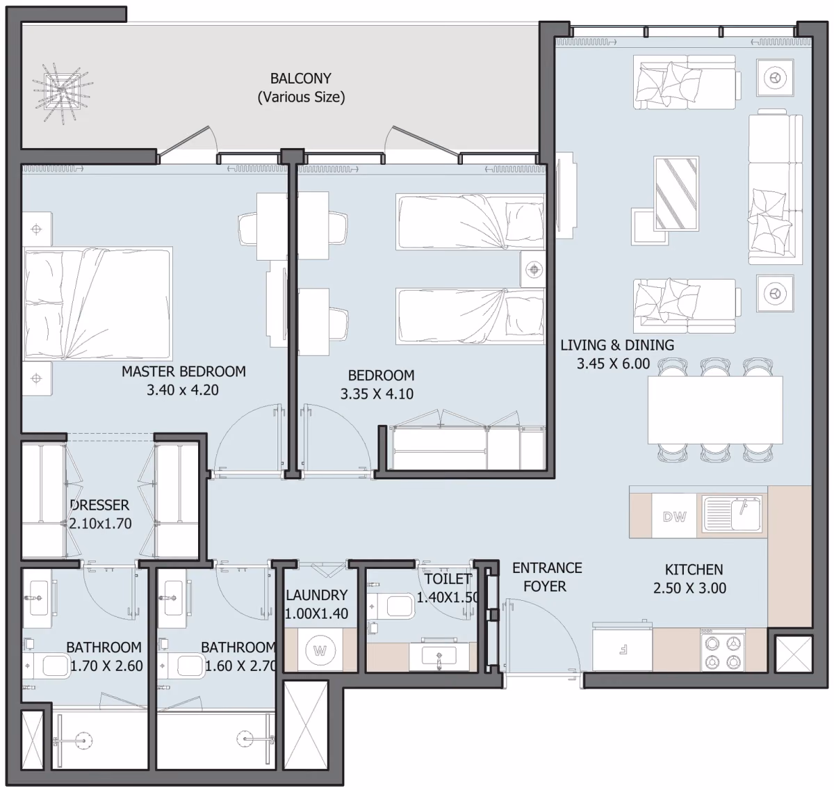 תוכנית 2 חדרי שינה · 2B Type C ב־נדל"ן להשקעה Reportage Verdana 10 Residences, באזור Investment Park, דובאי