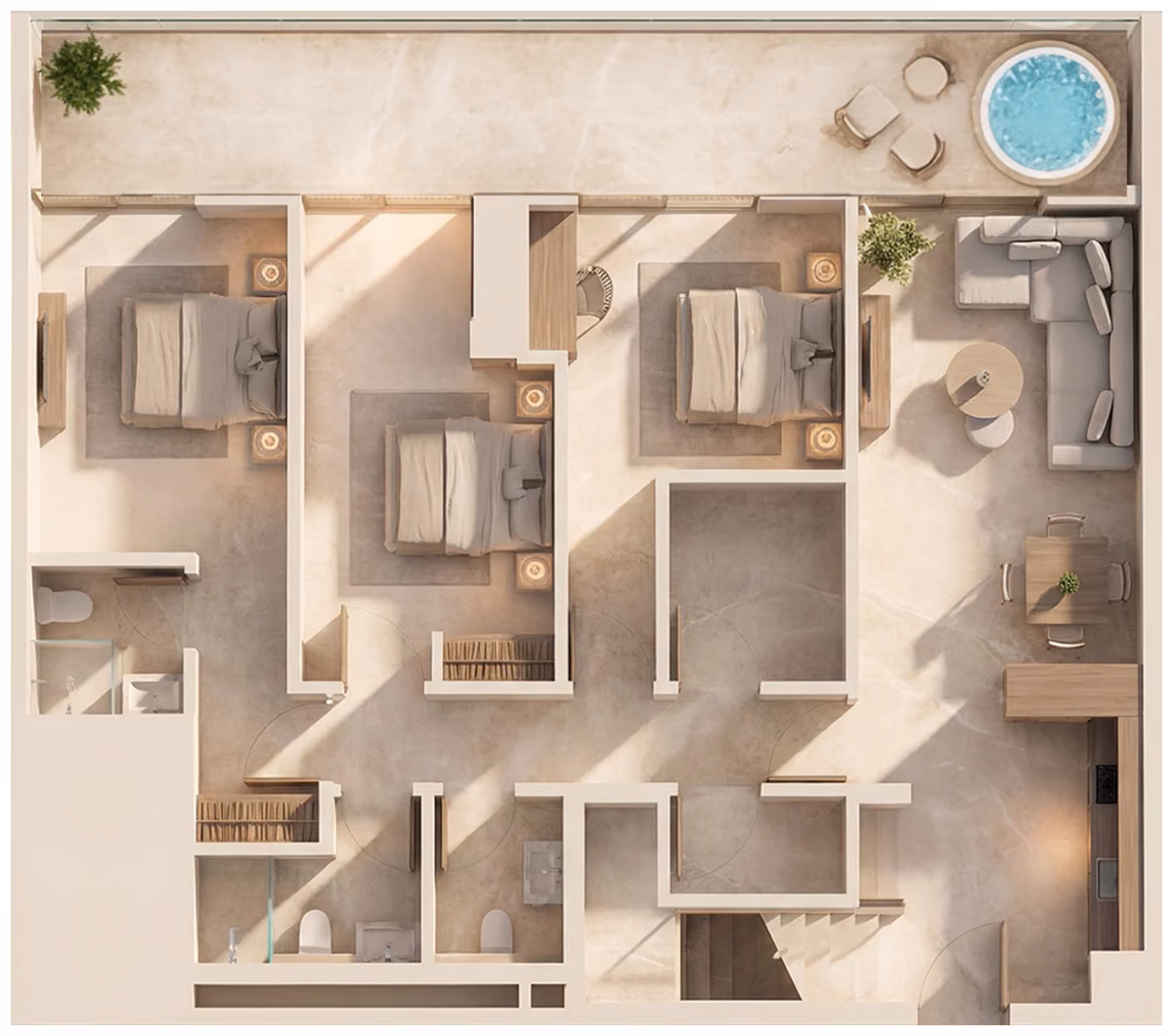 תוכנית 3 חדרי שינה · 3 BHK with rooftop ב־נדל"ן להשקעה Peace Avenue, באזור Jabal Ali Downtown, דובאי (קומה תחתונה)