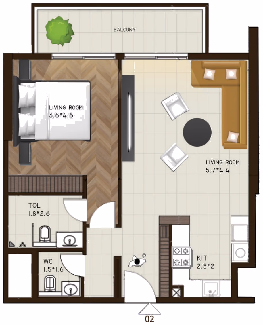 תוכנית חדר שינה אחד · 102 / 121 ב־נדל"ן להשקעה Sports View Residence, באזור DubaiLand, דובאי