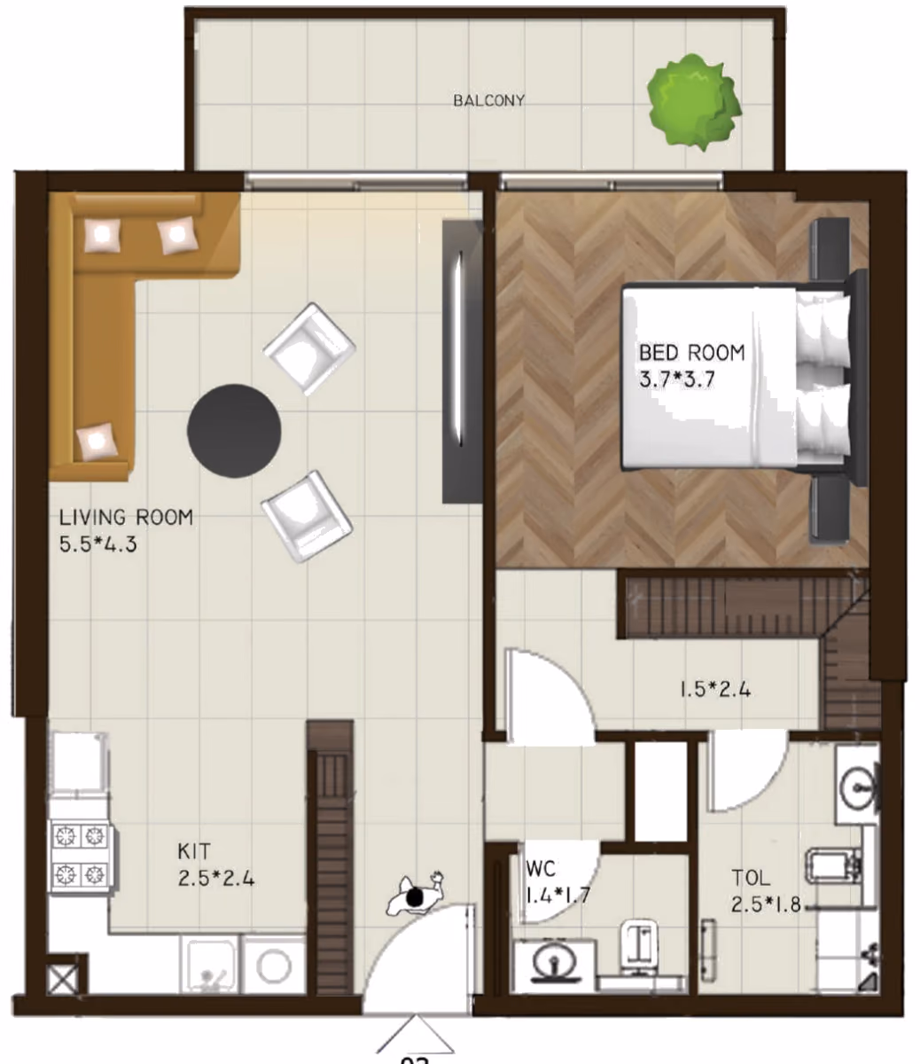 תוכנית חדר שינה אחד · 103 / 120 ב־נדל"ן להשקעה Sports View Residence, באזור DubaiLand, דובאי