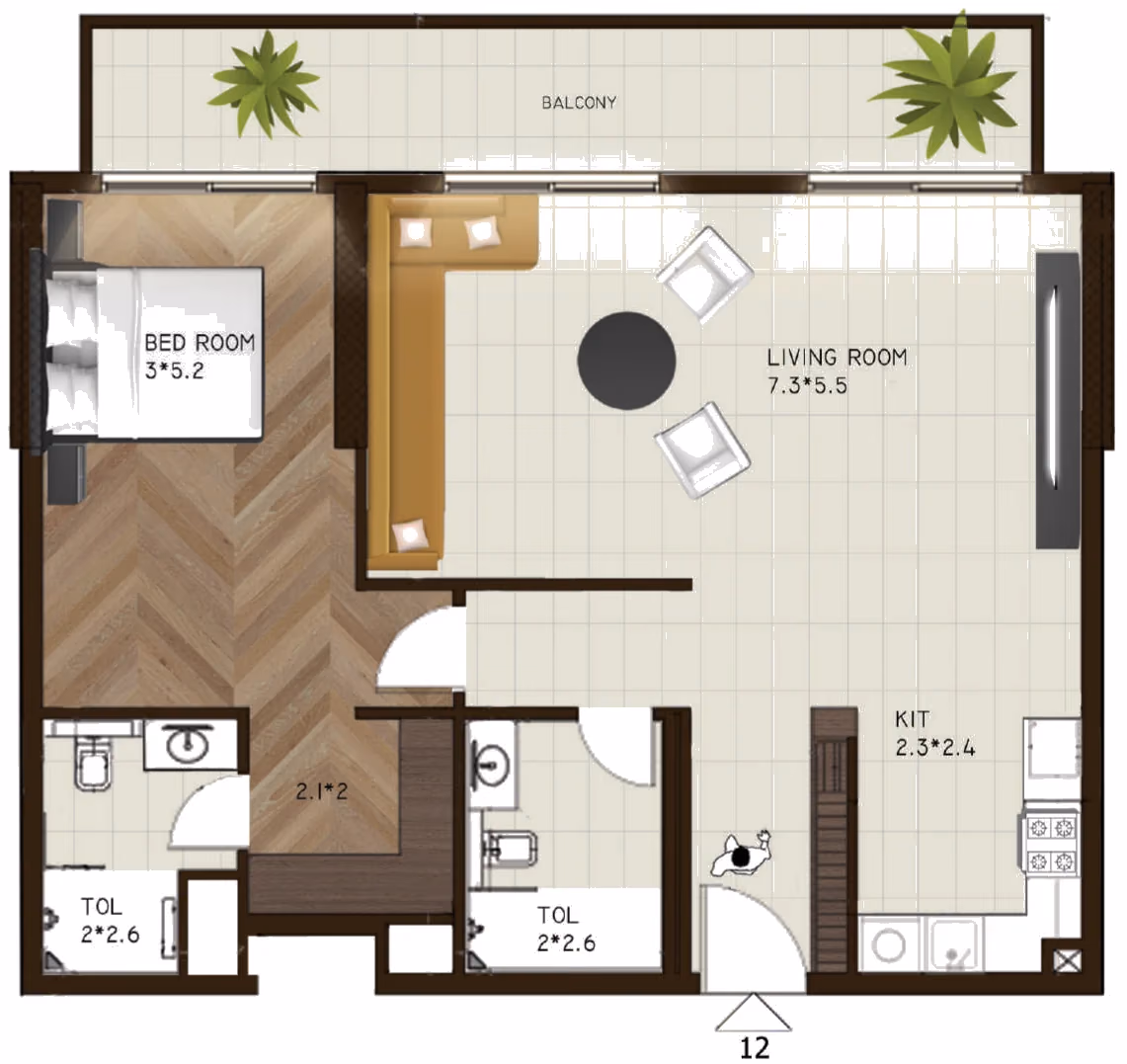 תוכנית חדר שינה אחד · 112 ב־נדל"ן להשקעה Sports View Residence, באזור DubaiLand, דובאי