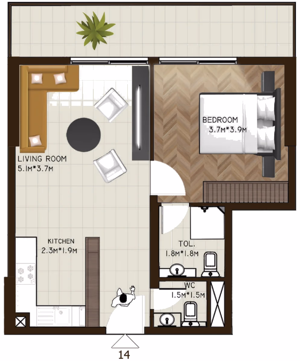 תוכנית חדר שינה אחד · 114 / 109 ב־נדל"ן להשקעה Sports View Residence, באזור DubaiLand, דובאי
