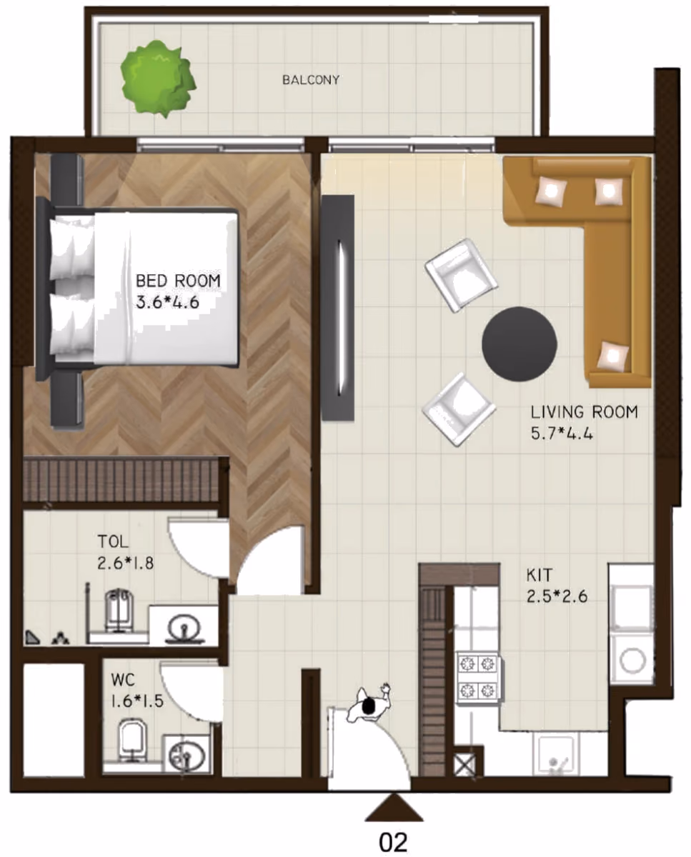 תוכנית חדר שינה אחד · 202 / 222 ב־נדל"ן להשקעה Sports View Residence, באזור DubaiLand, דובאי