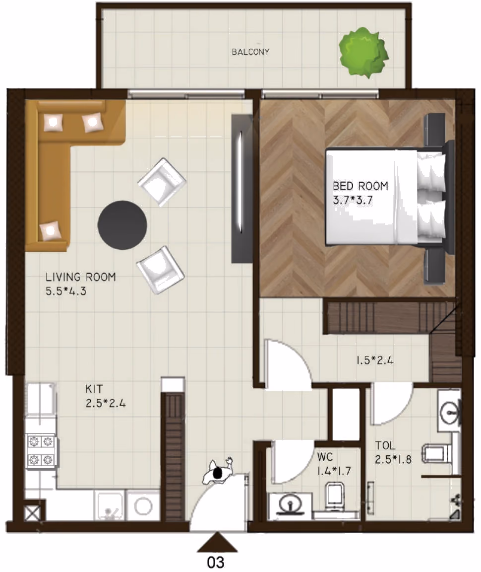 תוכנית חדר שינה אחד · 203 / 221 ב־נדל"ן להשקעה Sports View Residence, באזור DubaiLand, דובאי