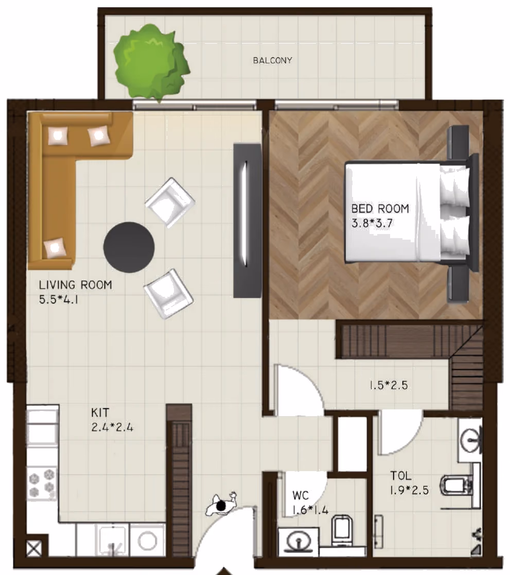 תוכנית חדר שינה אחד · 204 / 220 ב־נדל"ן להשקעה Sports View Residence, באזור DubaiLand, דובאי