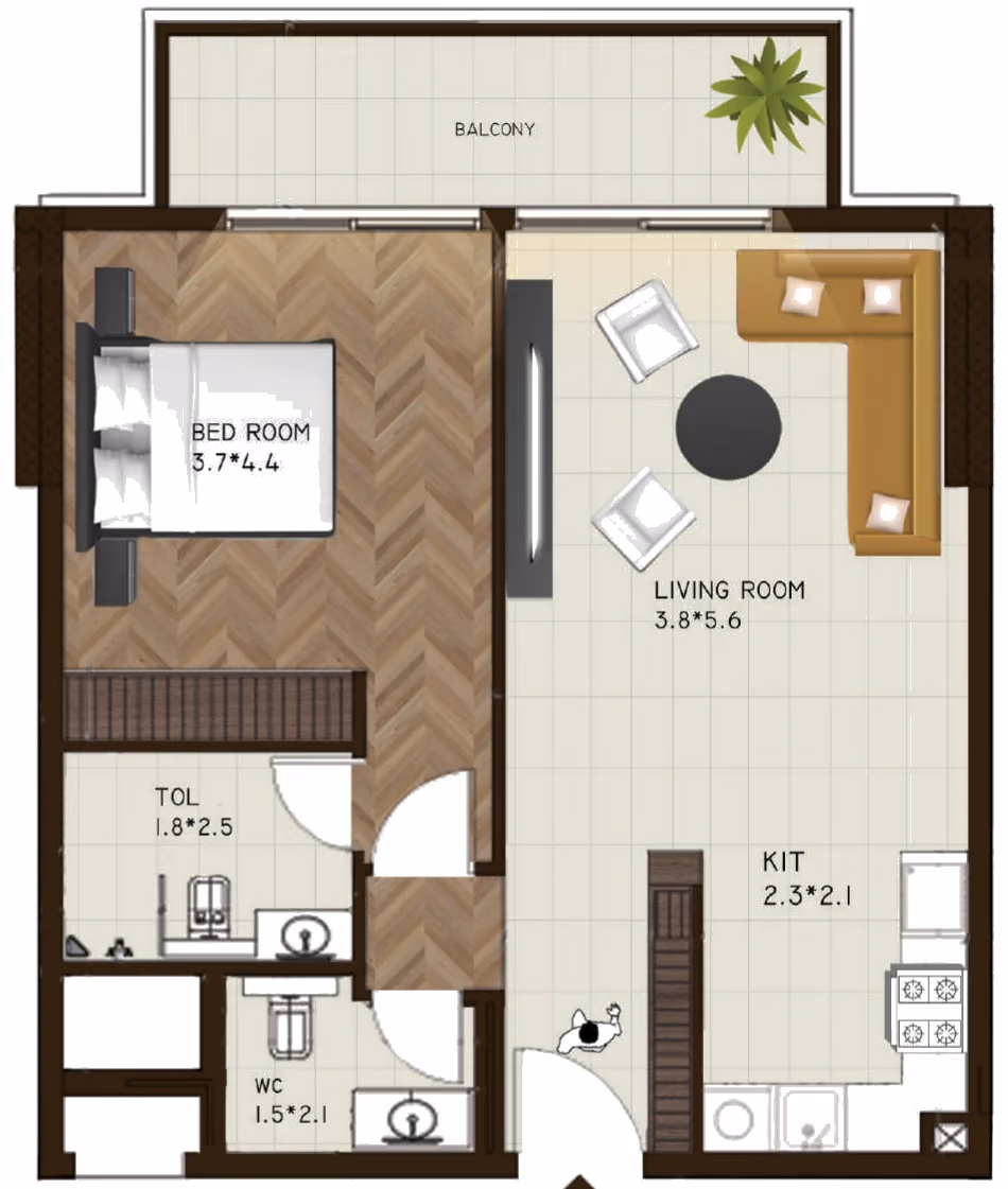 תוכנית חדר שינה אחד · 206 / 218 ב־נדל"ן להשקעה Sports View Residence, באזור DubaiLand, דובאי