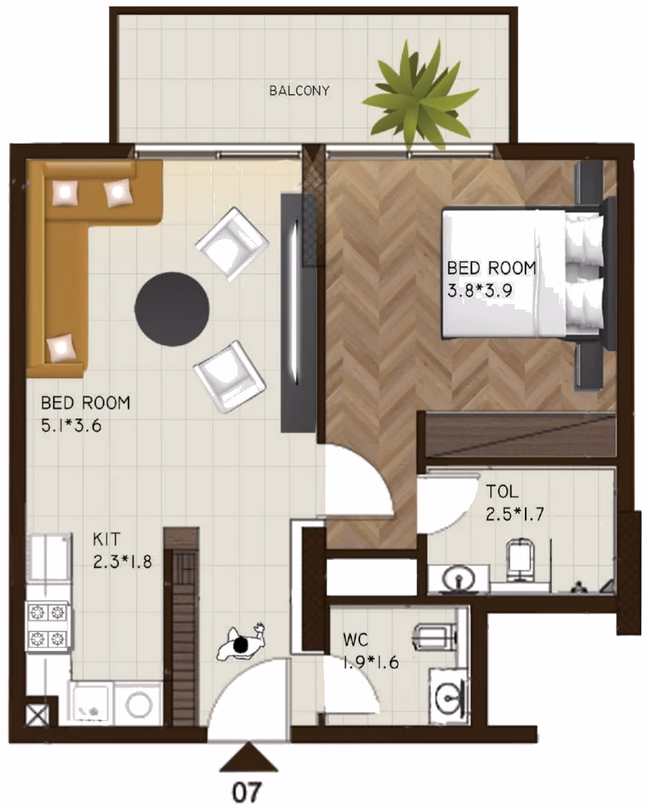 תוכנית חדר שינה אחד · 207 / 217 ב־נדל"ן להשקעה Sports View Residence, באזור DubaiLand, דובאי