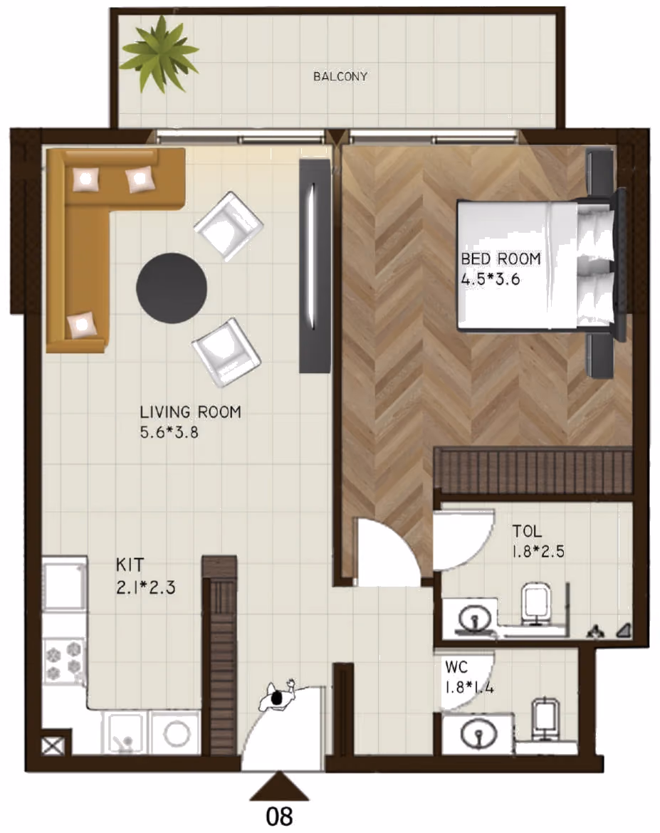 תוכנית חדר שינה אחד · 208 / 216 ב־נדל"ן להשקעה Sports View Residence, באזור DubaiLand, דובאי