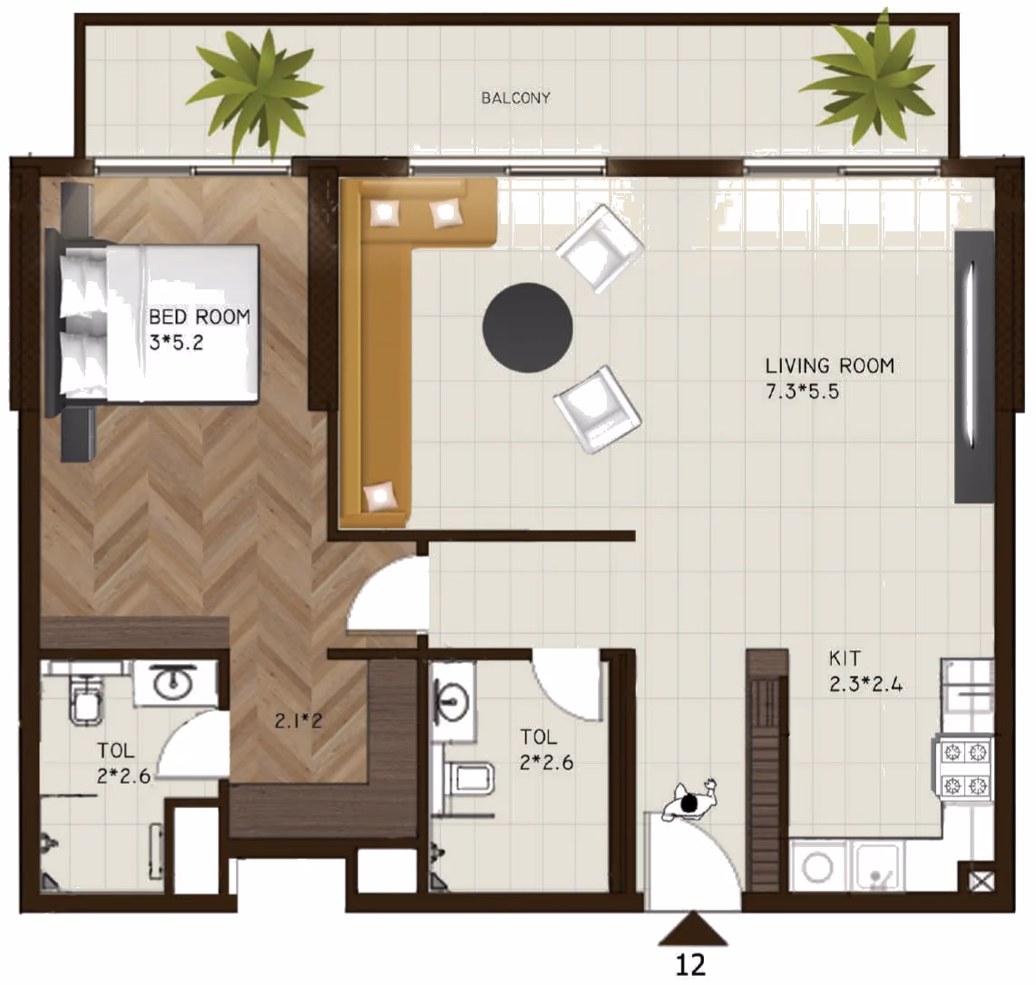 תוכנית חדר שינה אחד · 212 ב־נדל"ן להשקעה Sports View Residence, באזור DubaiLand, דובאי