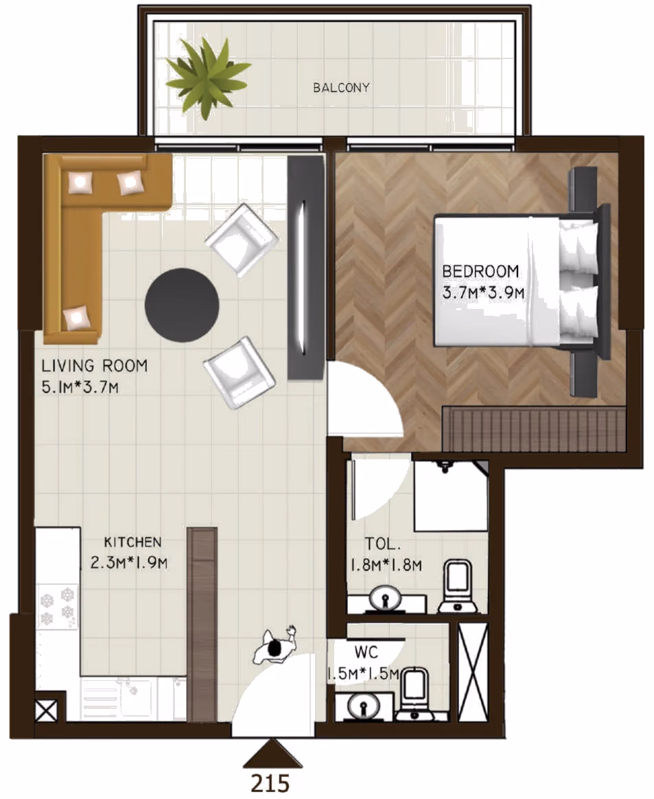תוכנית חדר שינה אחד · 215 / 209 ב־נדל"ן להשקעה Sports View Residence, באזור DubaiLand, דובאי