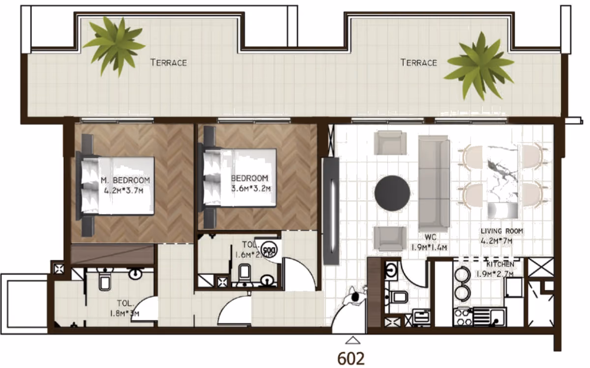 תוכנית 2 חדרי שינה · 602 / 605 ב־נדל"ן להשקעה Sports View Residence, באזור DubaiLand, דובאי