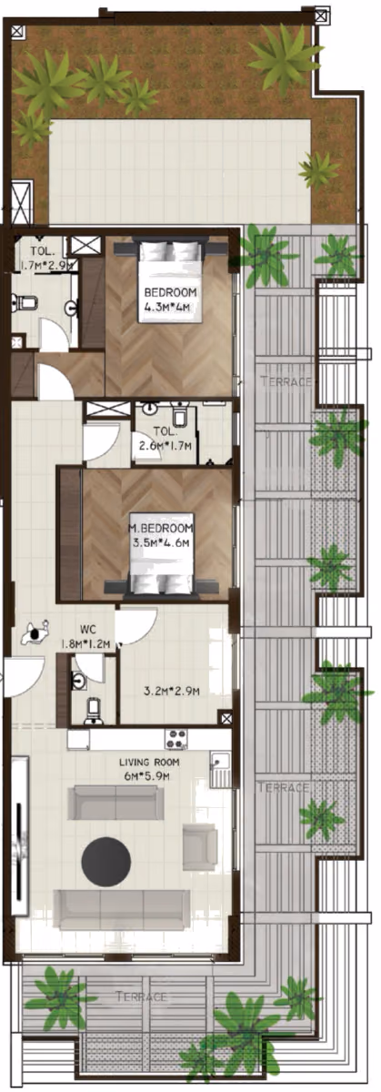 תוכנית 2 חדרי שינה · 606 / 601 ב־נדל"ן להשקעה Sports View Residence, באזור DubaiLand, דובאי