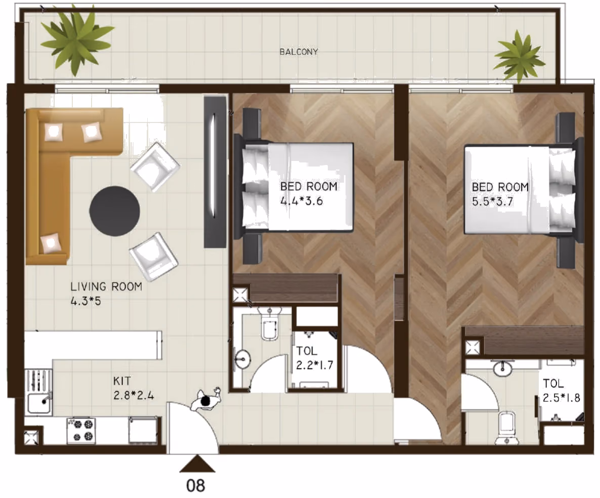 תוכנית 2 חדרי שינה · 608 / 609 ב־נדל"ן להשקעה Sports View Residence, באזור DubaiLand, דובאי