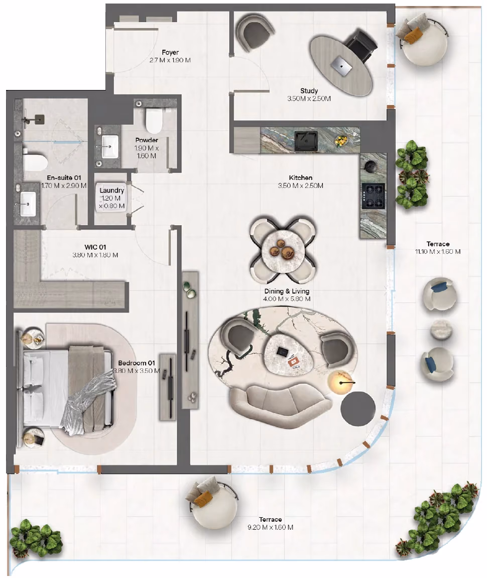 תוכנית חדר שינה אחד · 1 Bedroom + Type 1-1 ב־נדל"ן להשקעה HADO by Beyond, באזור Dubai Islands, דובאי