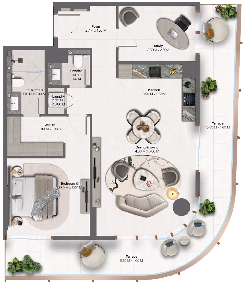 תוכנית חדר שינה אחד · 1 Bedroom + Type 1 ב־נדל"ן להשקעה HADO by Beyond, באזור Dubai Islands, דובאי