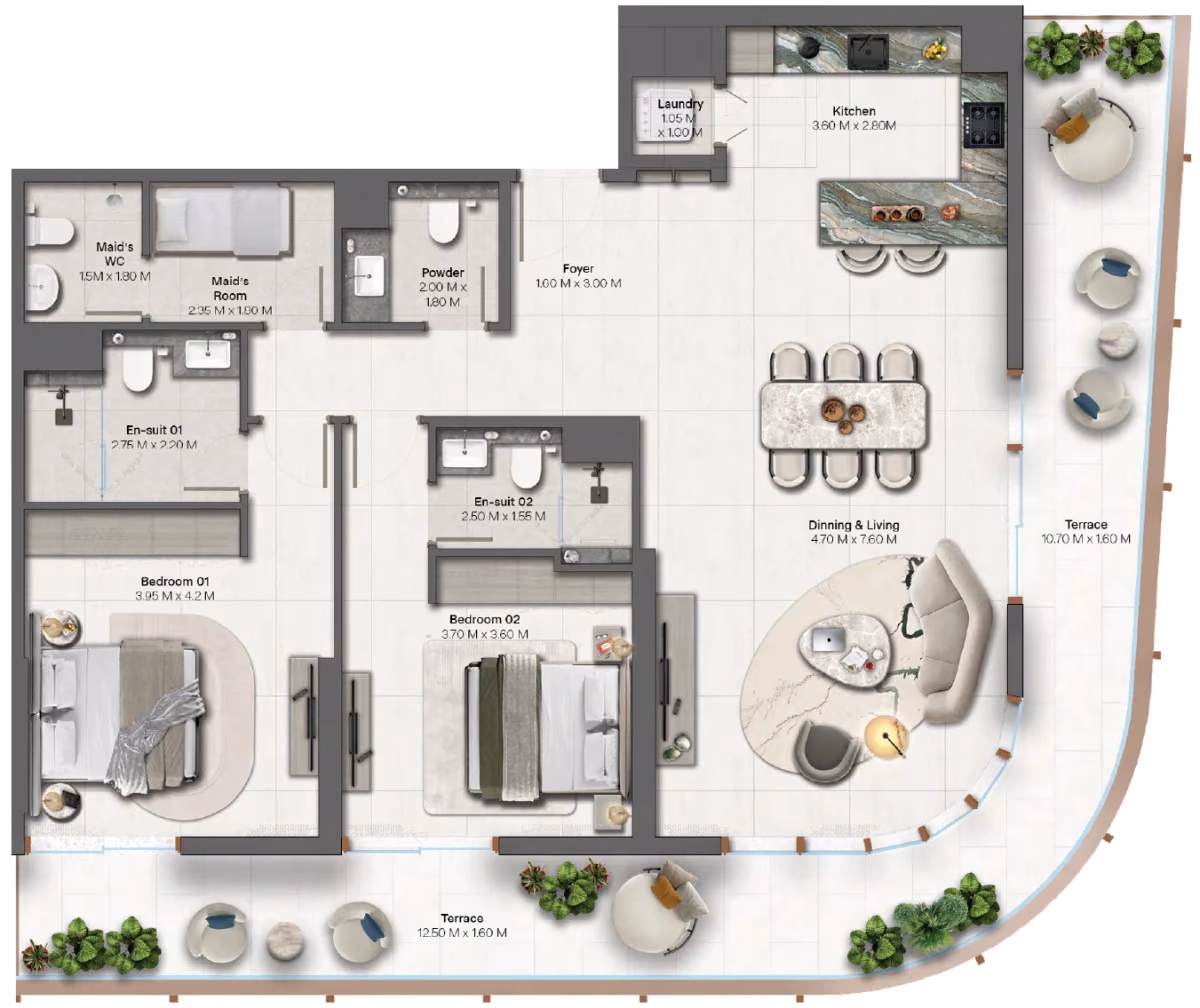 תוכנית 2 חדרי שינה · 2 Bedroom + Type 3-1 ב־נדל"ן להשקעה HADO by Beyond, באזור Dubai Islands, דובאי