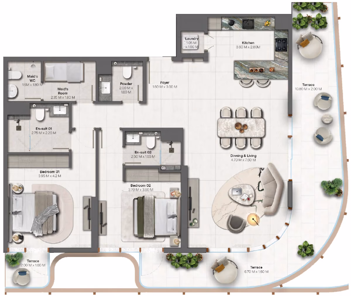 תוכנית 2 חדרי שינה · 2 Bedroom + Type 3-3 ב־נדל"ן להשקעה HADO by Beyond, באזור Dubai Islands, דובאי