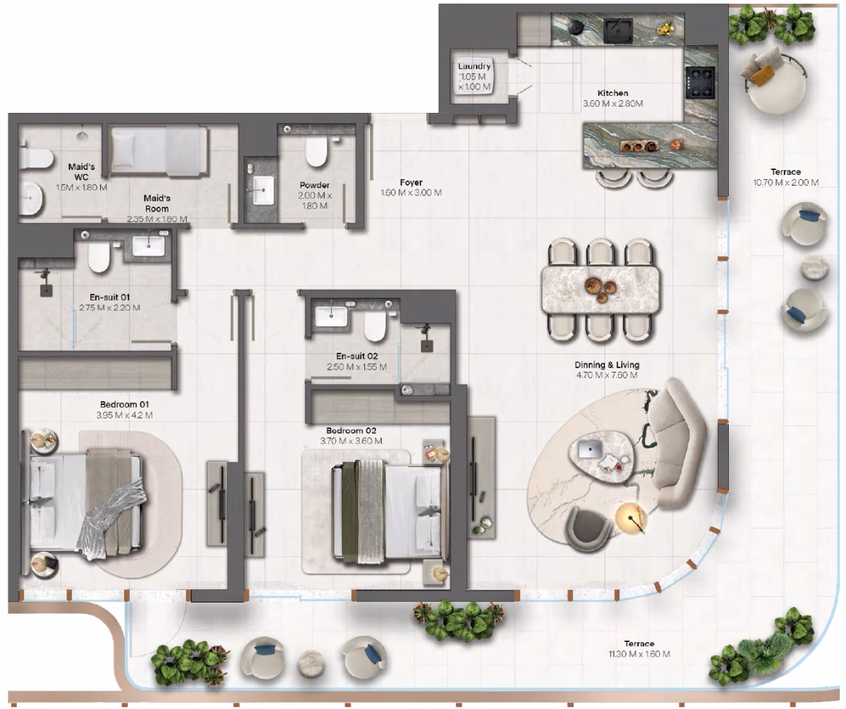 תוכנית 2 חדרי שינה · 2 Bedroom + Type 3-5 ב־נדל"ן להשקעה HADO by Beyond, באזור Dubai Islands, דובאי
