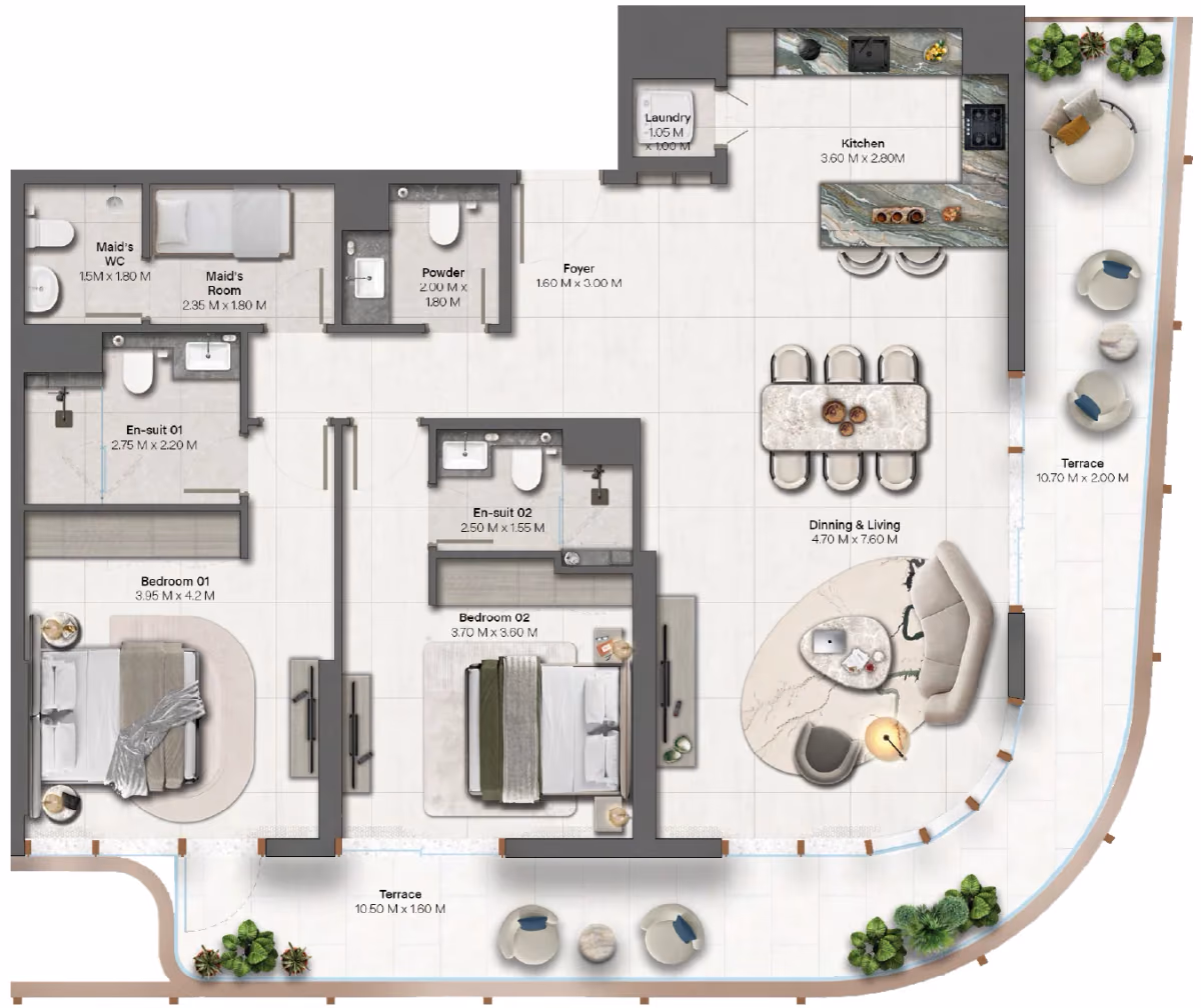תוכנית 2 חדרי שינה · 2 Bedroom + Type 3 ב־נדל"ן להשקעה HADO by Beyond, באזור Dubai Islands, דובאי