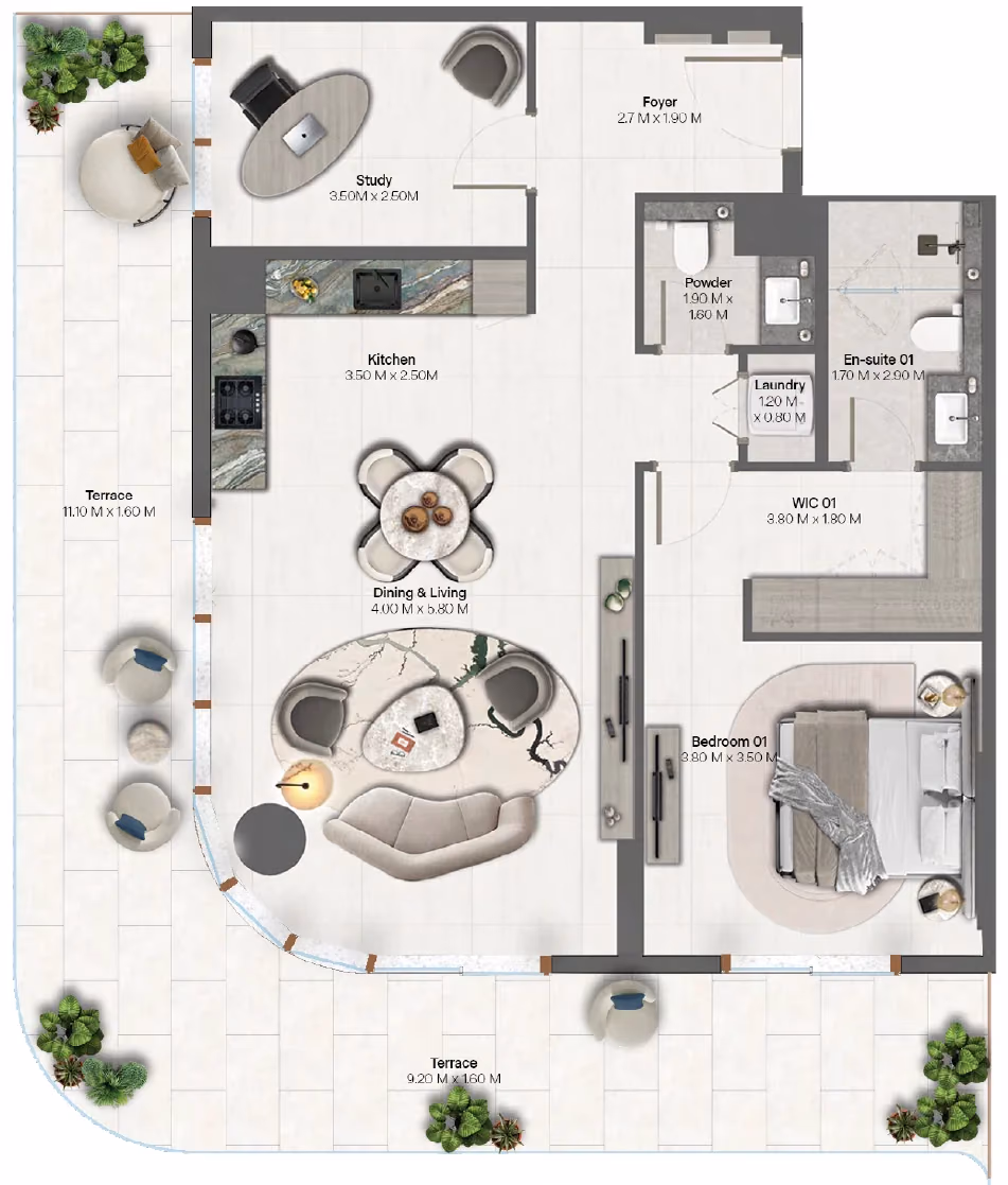 תוכנית חדר שינה אחד · 1 Bedroom + Type 1-1 ב־נדל"ן להשקעה HADO by Beyond, באזור Dubai Islands, דובאי