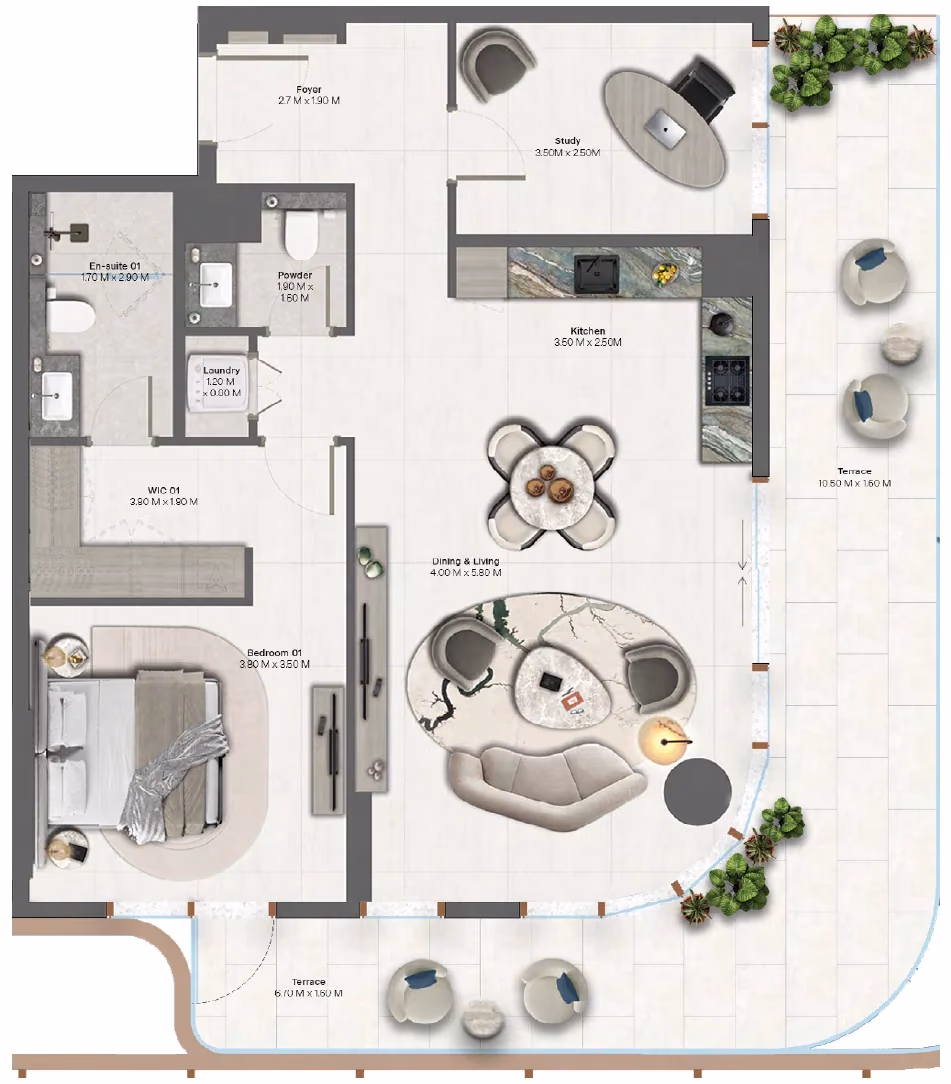 תוכנית חדר שינה אחד · 1 Bedroom + Type 1-2 ב־נדל"ן להשקעה HADO by Beyond, באזור Dubai Islands, דובאי