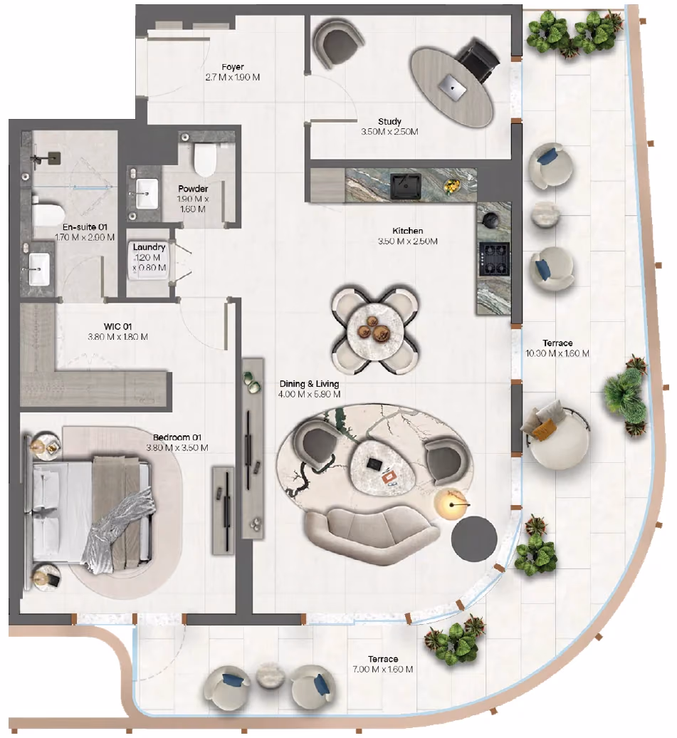 תוכנית חדר שינה אחד · 1 Bedroom + Type 1-3 ב־נדל"ן להשקעה HADO by Beyond, באזור Dubai Islands, דובאי