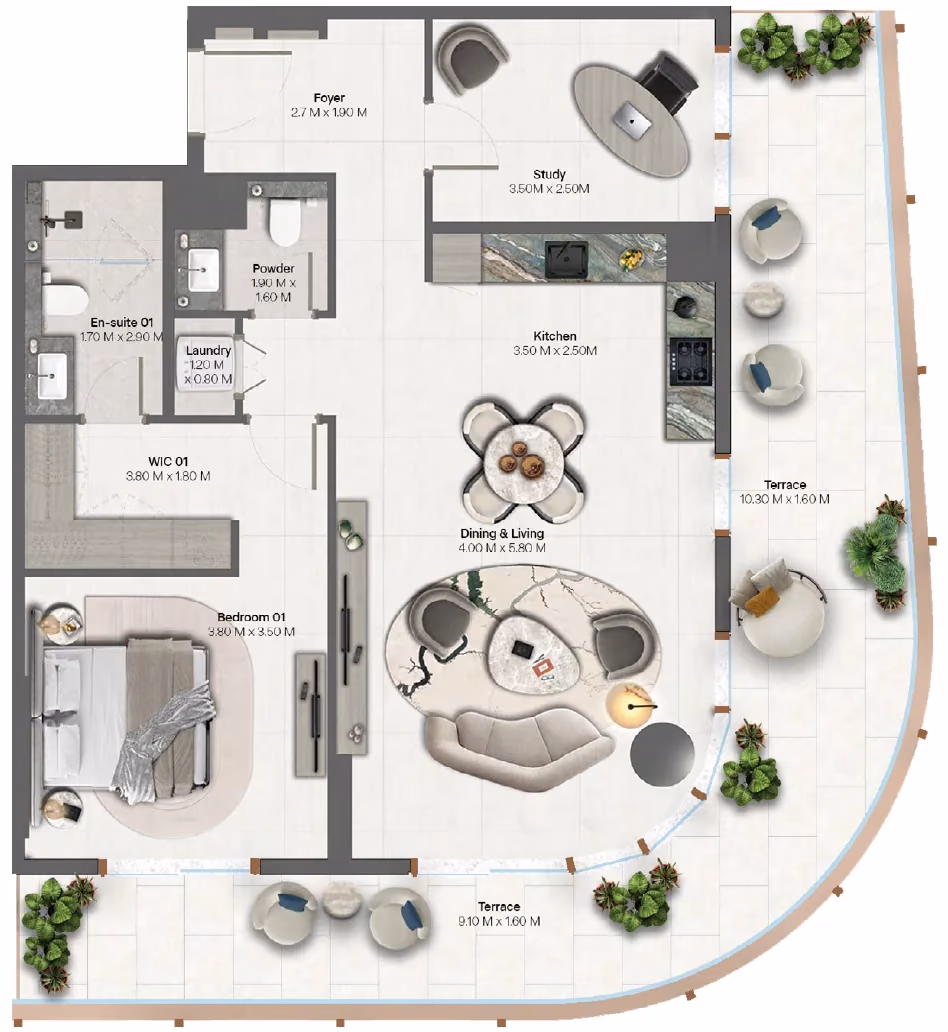 תוכנית חדר שינה אחד · 1 Bedroom + Type 1-4 ב־נדל"ן להשקעה HADO by Beyond, באזור Dubai Islands, דובאי