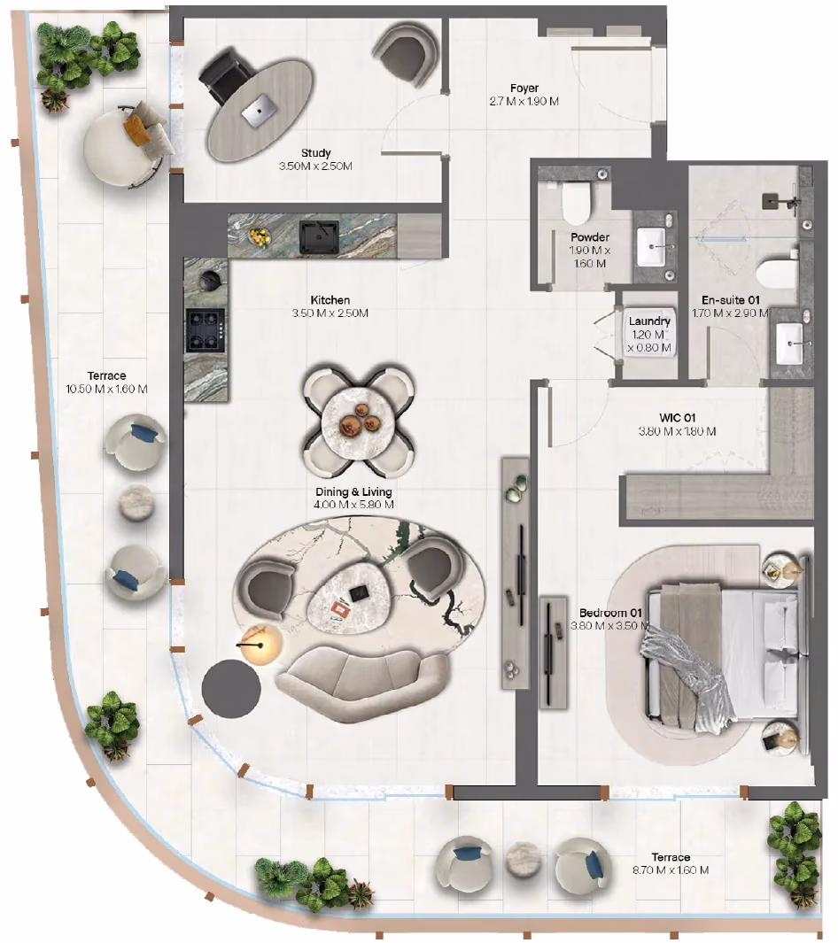 תוכנית חדר שינה אחד · 1 Bedroom + Type 1 ב־נדל"ן להשקעה HADO by Beyond, באזור Dubai Islands, דובאי
