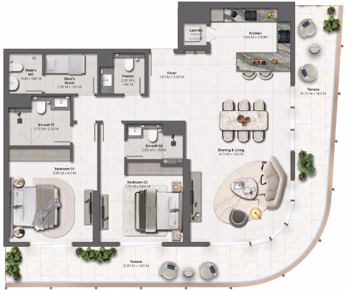 תוכנית 2 חדרי שינה · 2 Bedroom + Type 3-1 ב־נדל"ן להשקעה HADO by Beyond, באזור Dubai Islands, דובאי