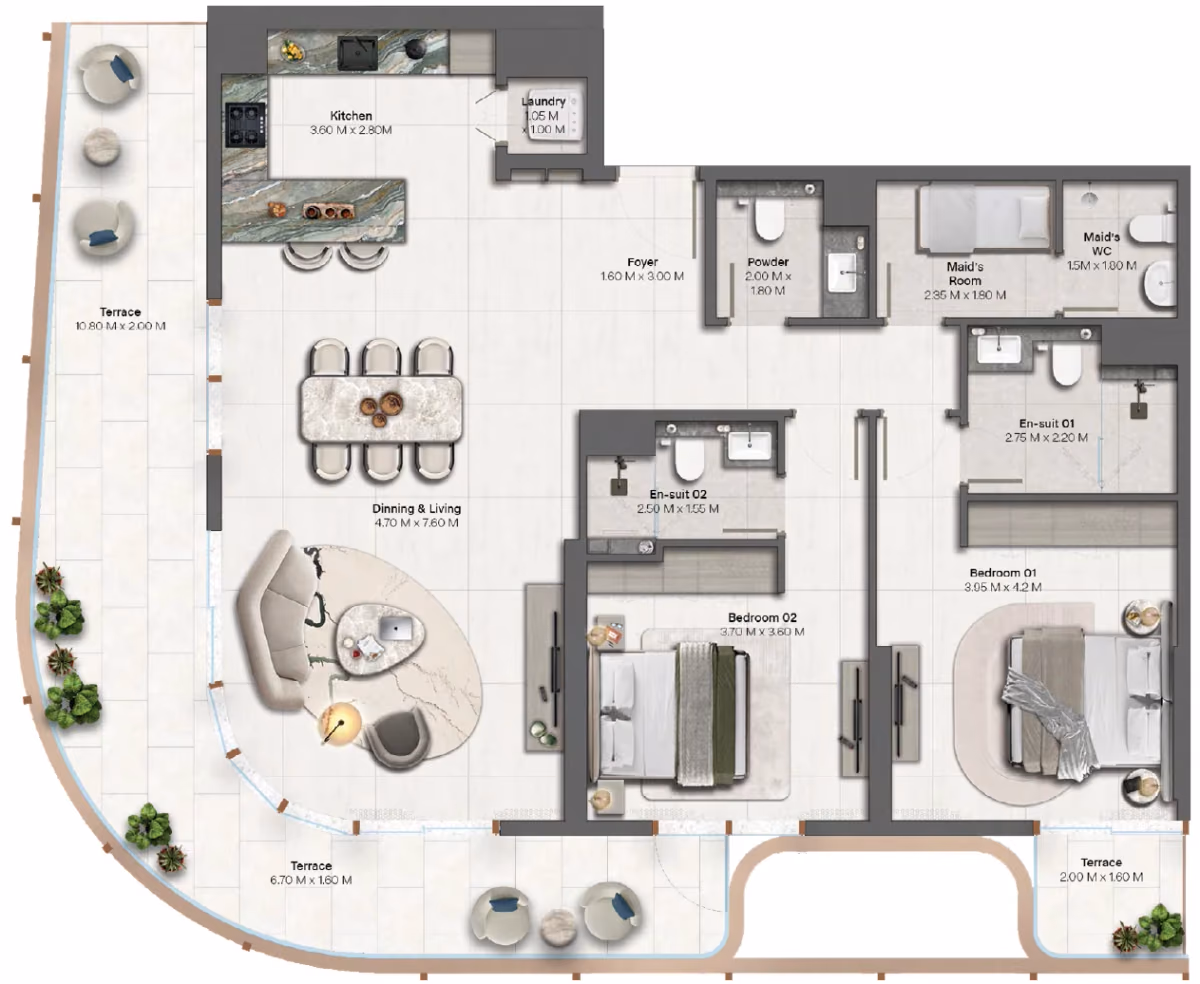 תוכנית 2 חדרי שינה · 2 Bedroom + Type 3-3 ב־נדל"ן להשקעה HADO by Beyond, באזור Dubai Islands, דובאי
