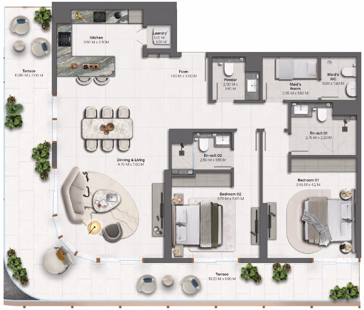 תוכנית 2 חדרי שינה · 2 Bedroom + Type 3-4 ב־נדל"ן להשקעה HADO by Beyond, באזור Dubai Islands, דובאי