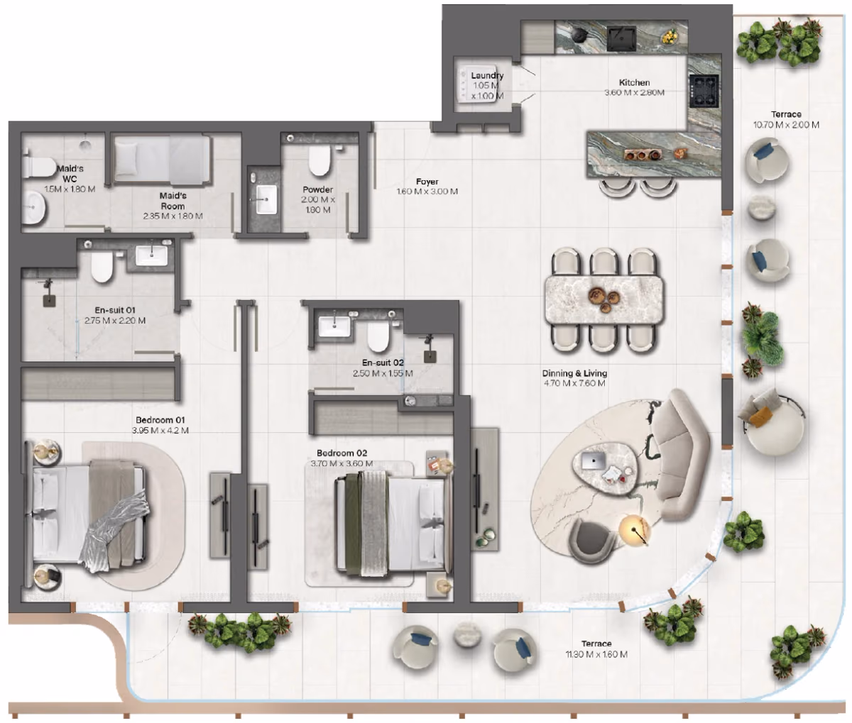 תוכנית 2 חדרי שינה · 2 Bedroom + Type 3-5 ב־נדל"ן להשקעה HADO by Beyond, באזור Dubai Islands, דובאי