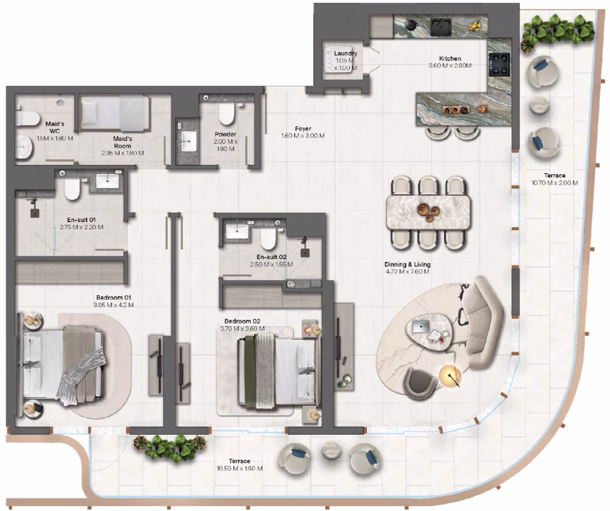 תוכנית 2 חדרי שינה · 2 Bedroom + Type 3 ב־נדל"ן להשקעה HADO by Beyond, באזור Dubai Islands, דובאי