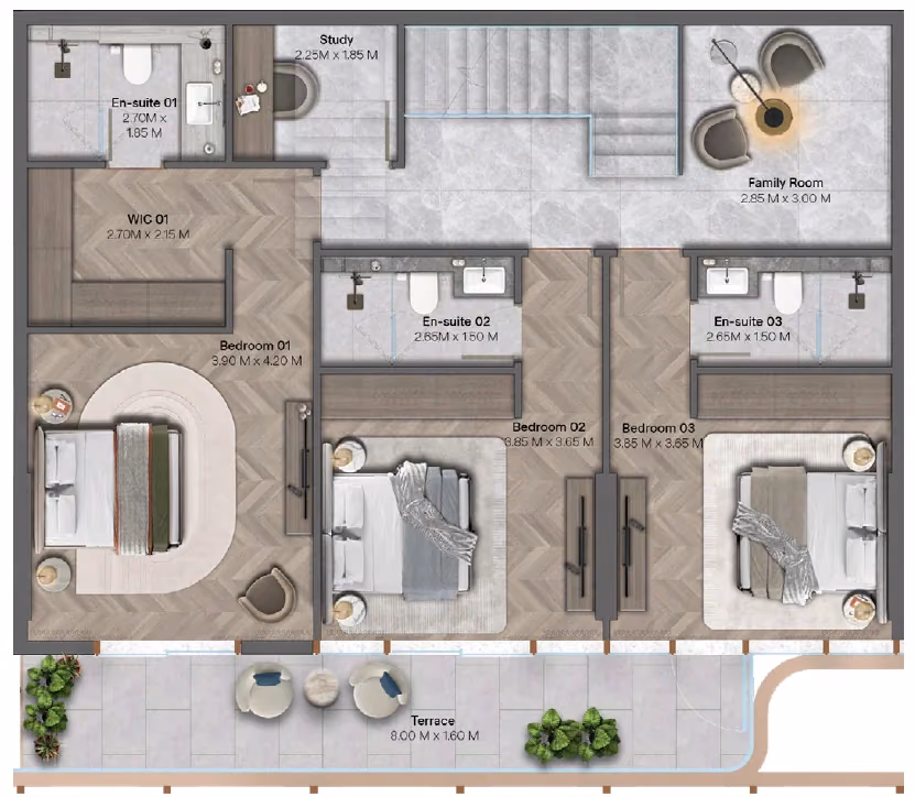 תוכנית 3 חדרי שינה · דופלקס · Duplex Type 2 ב־נדל"ן להשקעה HADO by Beyond, באזור Dubai Islands, דובאי (קומה עליונה)