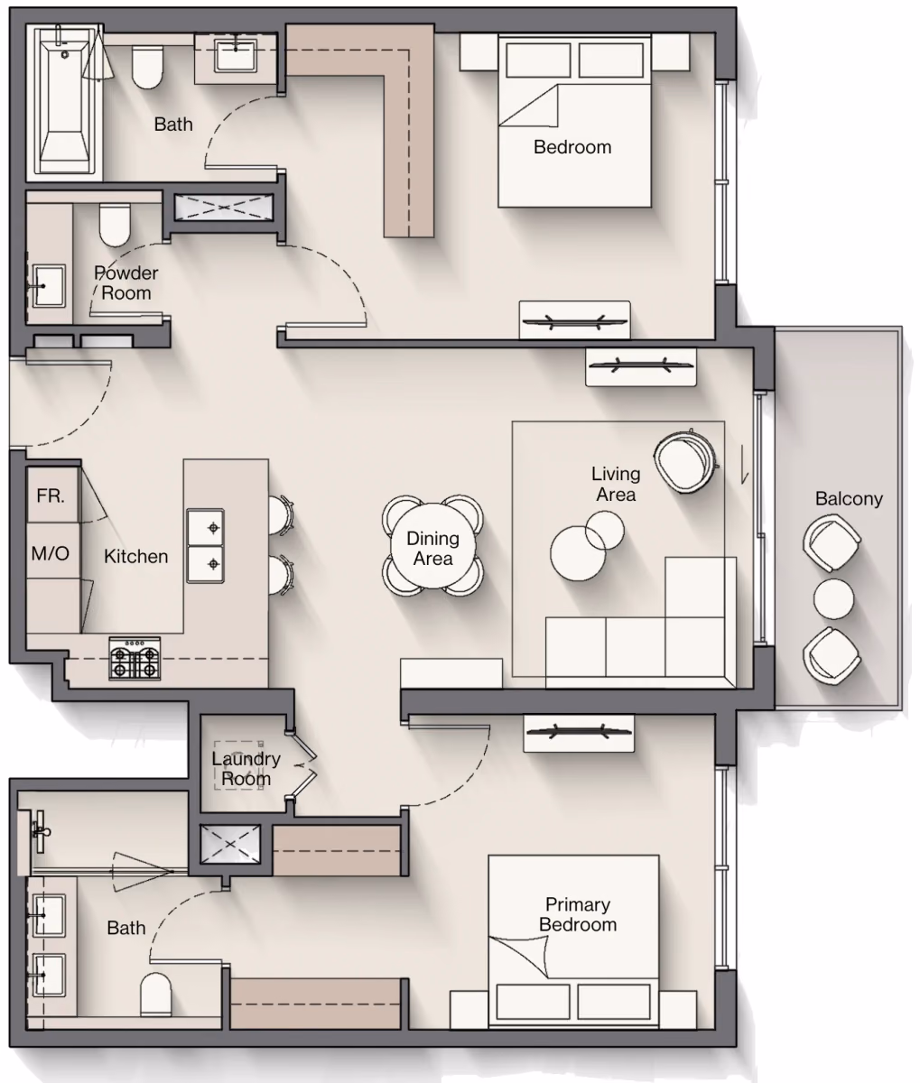תוכנית 2 חדרי שינה · Type A ב־נדל"ן להשקעה Ellington Windsor House 2, באזור Dubai South, דובאי