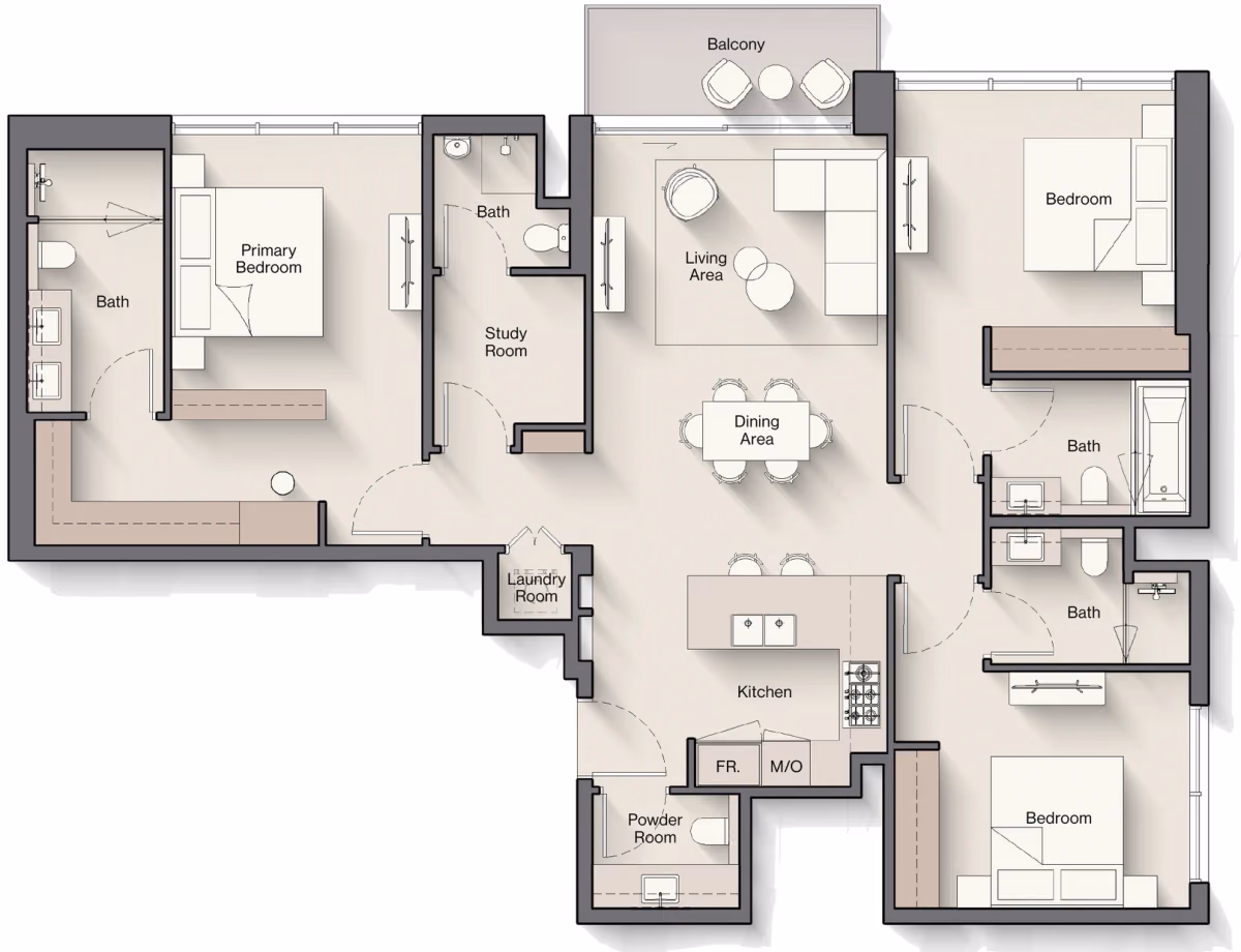 תוכנית 3 חדרי שינה · Type A ב־נדל"ן להשקעה Ellington Windsor House 2, באזור Dubai South, דובאי