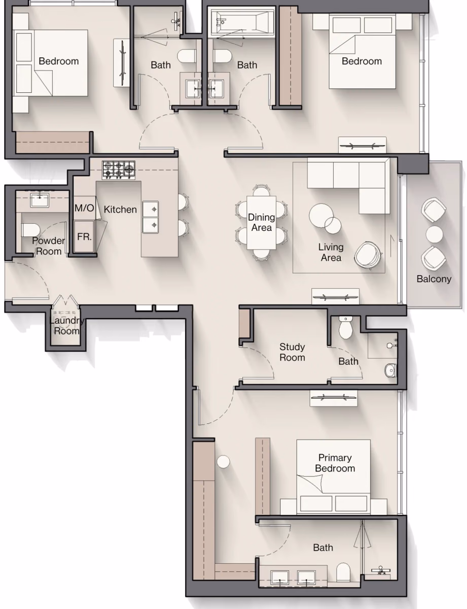 תוכנית 3 חדרי שינה · Type B ב־נדל"ן להשקעה Ellington Windsor House 2, באזור Dubai South, דובאי