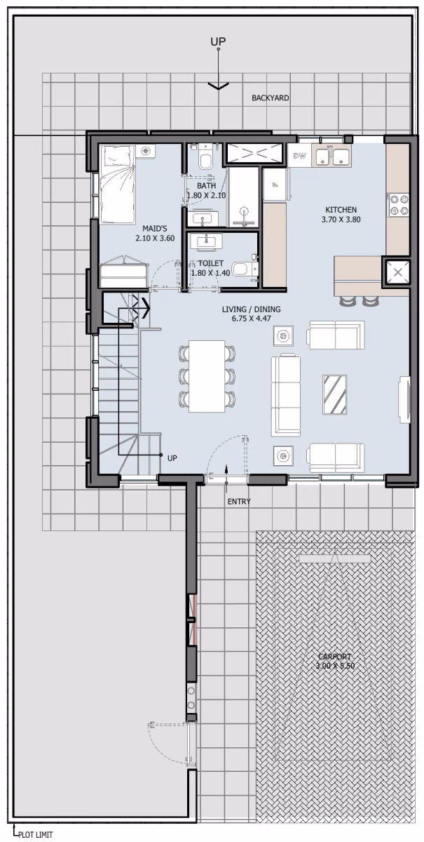 תוכנית 3 חדרי שינה · טאון האוס · 3B Townhouse Type A ב־נדל"ן להשקעה Verdana 8 by Reportage, באזור Dubai Investments Park, דובאי (קומת קרקע)