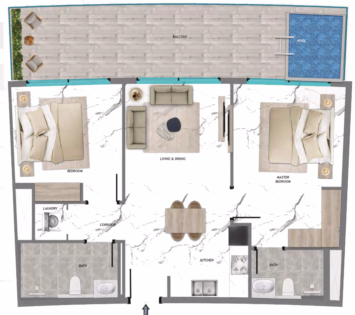 תוכנית 2 חדרי שינה · Laundry & Pool ב־נדל"ן להשקעה Samana Barari Heights, באזור Majan, דובאי
