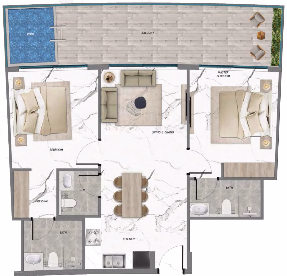 תוכנית 2 חדרי שינה · Pool ב־נדל"ן להשקעה Samana Barari Heights, באזור Majan, דובאי