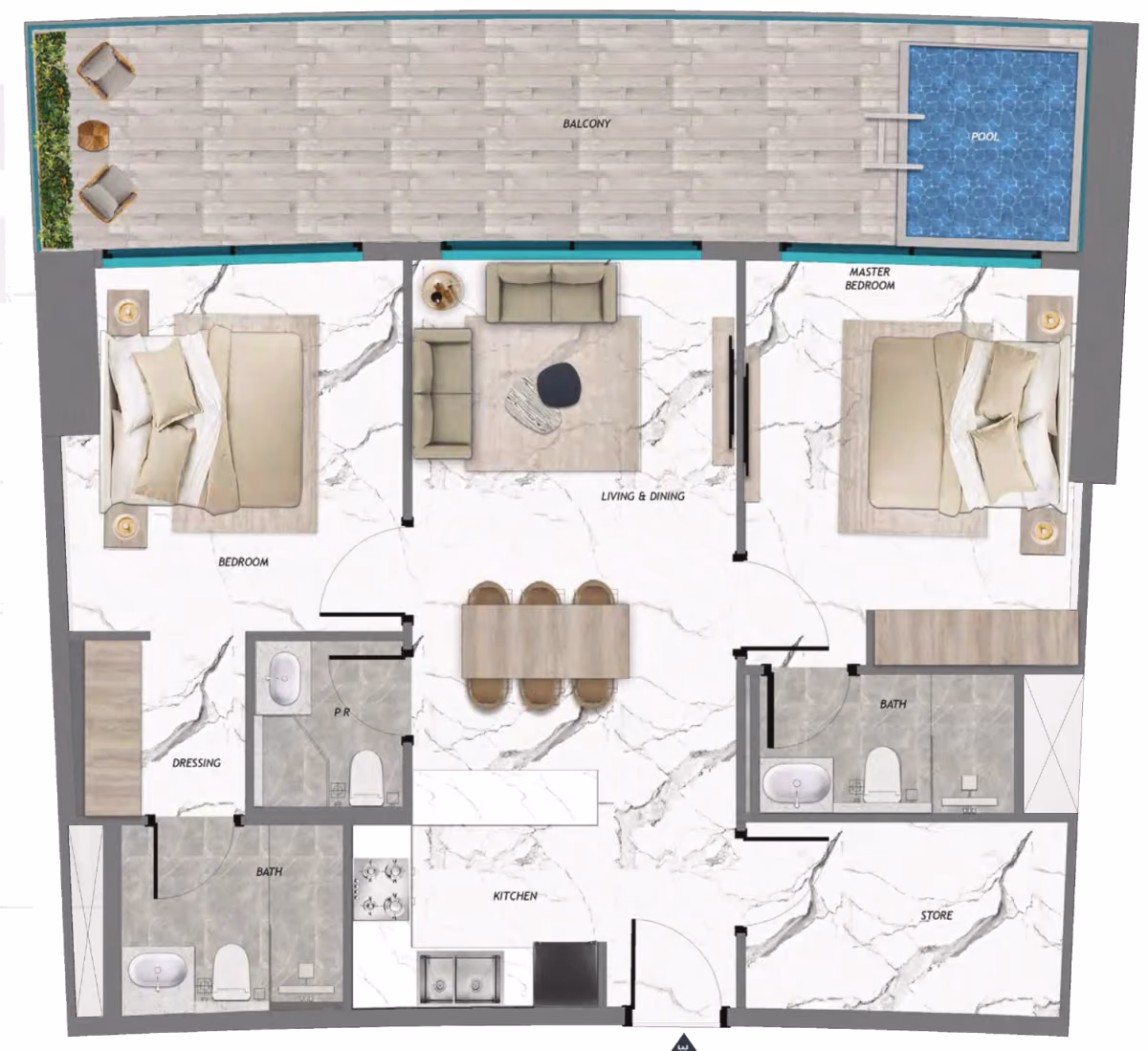 תוכנית 2 חדרי שינה · Storeroom & Pool ב־נדל"ן להשקעה Samana Barari Heights, באזור Majan, דובאי