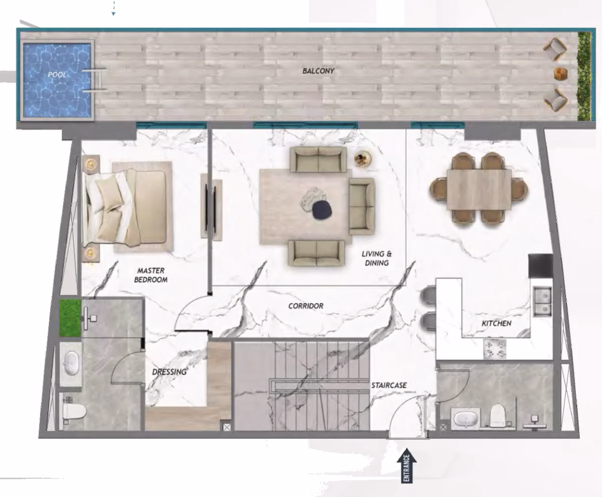 תוכנית 3 חדרי שינה · דופלקס · Storeroom & Pool ב־נדל"ן להשקעה Samana Barari Heights, באזור Majan, דובאי (קומה תחתונה)
