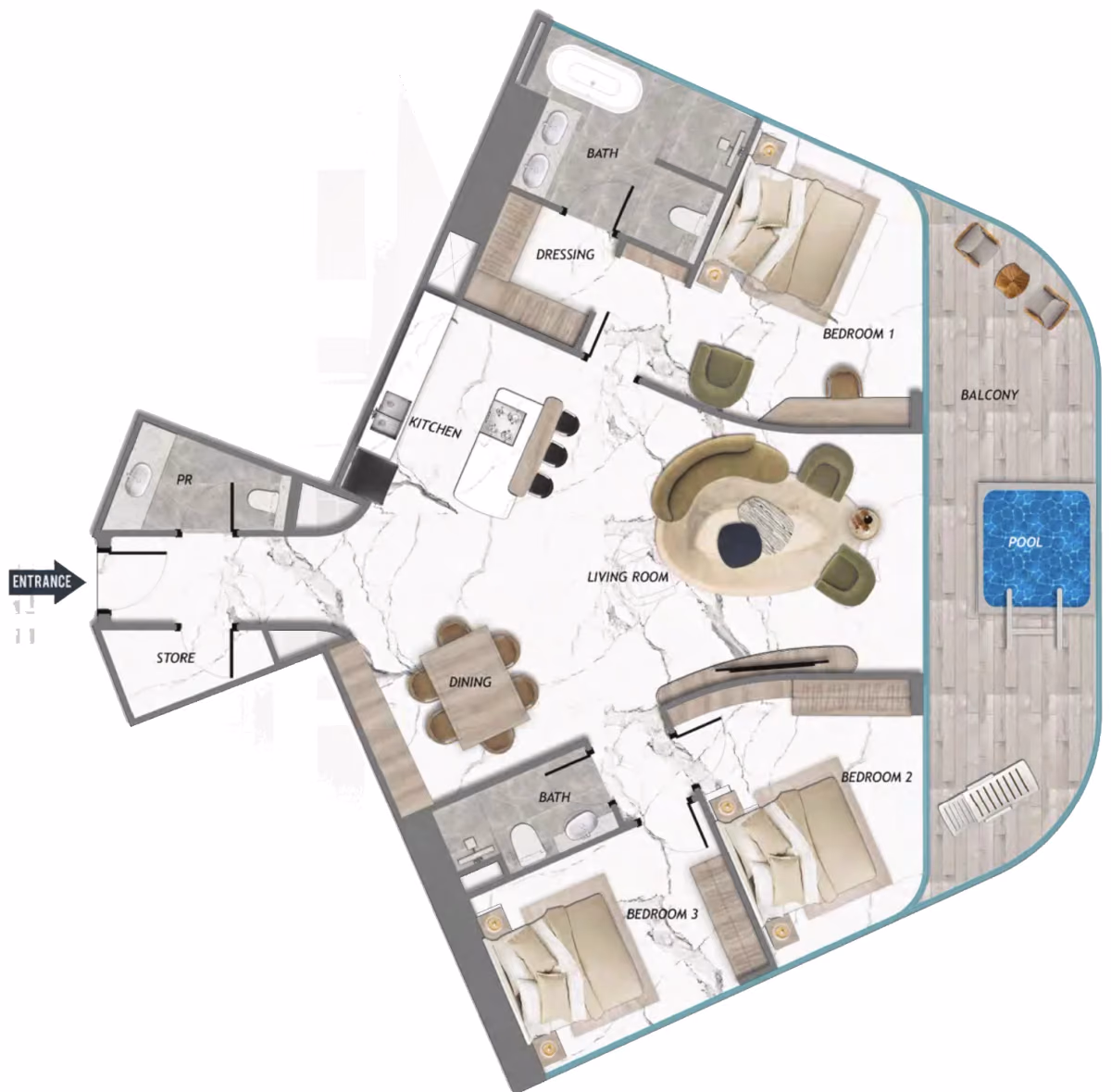תוכנית 3 חדרי שינה · Storeroom & Pool ב־נדל"ן להשקעה Samana Barari Heights, באזור Majan, דובאי