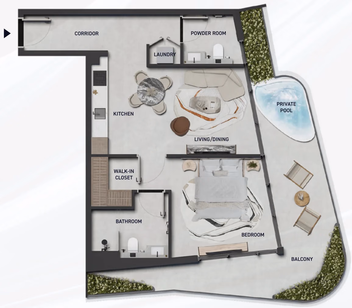 תוכנית חדר שינה אחד · Type 02B ב־נדל"ן להשקעה LEOS Hadley Heights 2 – Vitality, באזור Sports City, דובאי
