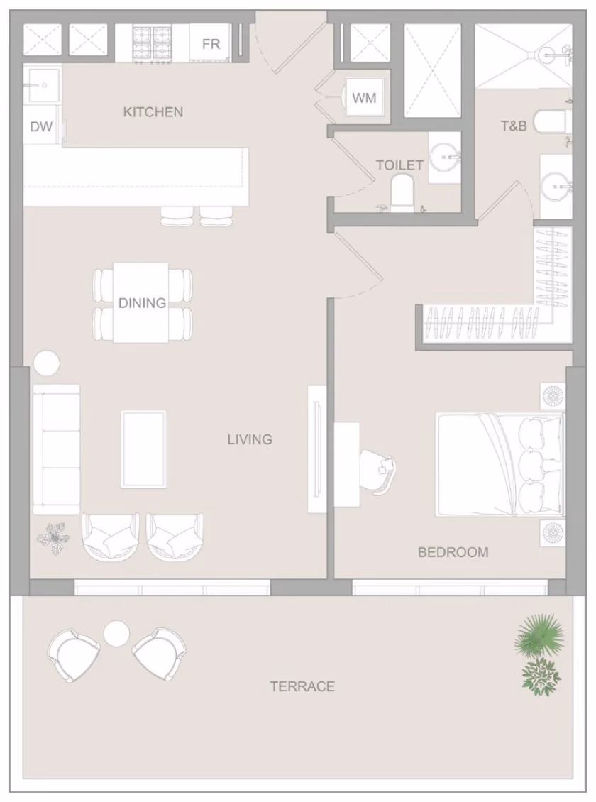 תוכנית חדר שינה אחד · 1 BR Type A ב־נדל"ן להשקעה Object1 S1LVA Park Living, באזור Jumeirah Village Triangle (JVT), דובאי