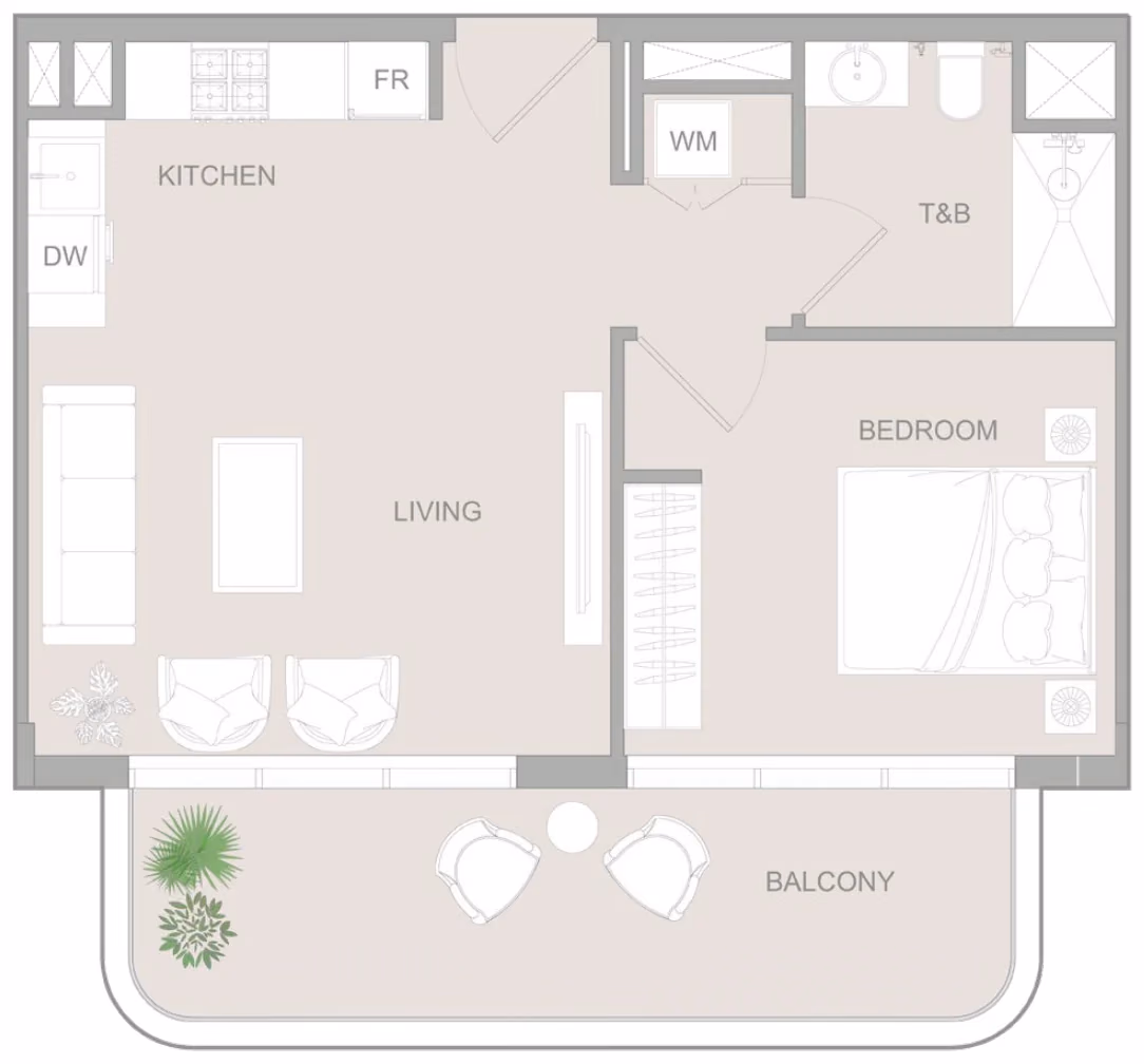 תוכנית חדר שינה אחד · 1 BR Type AA ב־נדל"ן להשקעה Object1 S1LVA Park Living, באזור Jumeirah Village Triangle (JVT), דובאי